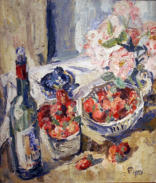 Erdbeeren und Weinflasche 1956